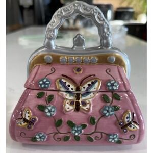 DAVID'S COOKIES Pink Ceramic Butterfly & Flower Purse Cookie Jar Trinket Box EUC